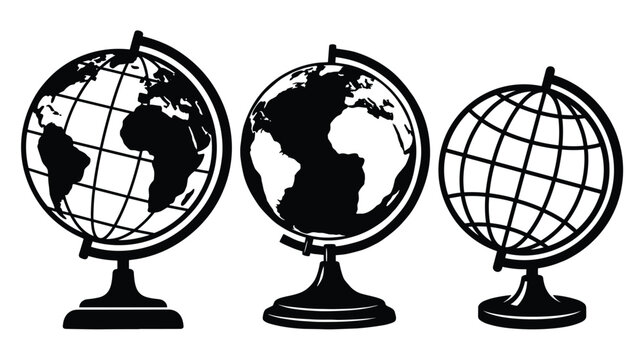 Three black silhouette globes on stands