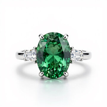 Emerald Cut Alexandrite Trilogy Ring on Clean White Background