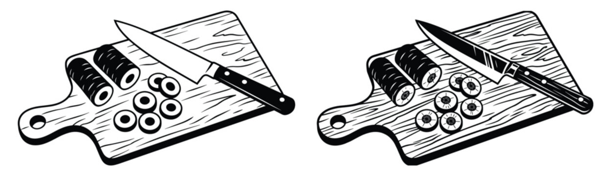 Sushi rolls and slices on wooden cutting board with knife