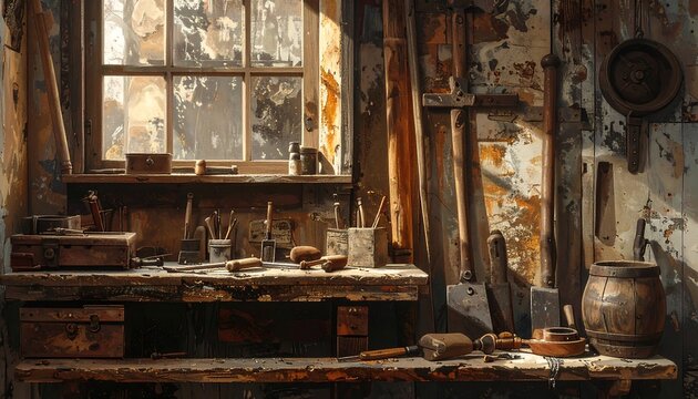 A sunlit, cluttered workshop interior shows tools, a wooden workbench, and a window. An old, rustic feel permeates the scene