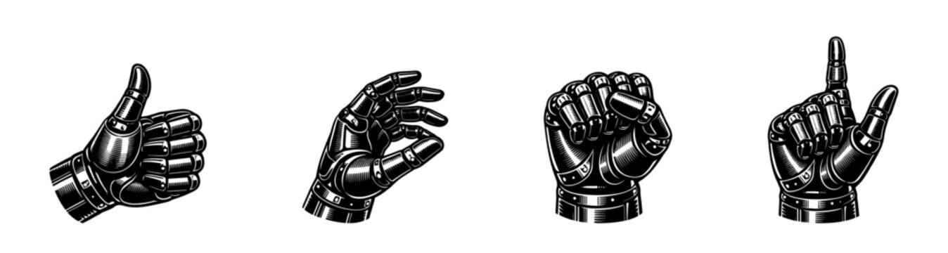 Robotic hand gestures illustration set, black and white mechanical hands clipart