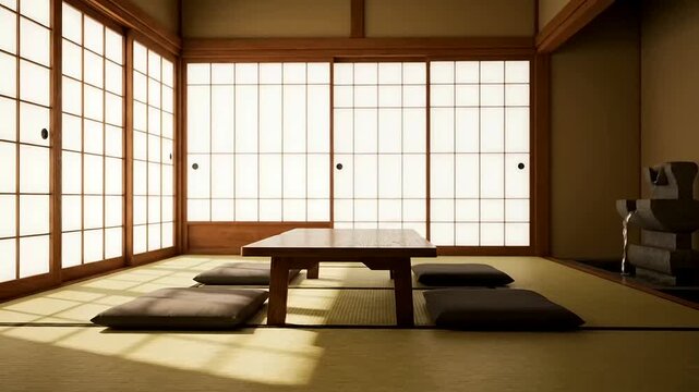 The elegant Shared Workspace Dynamics are beautifully illuminated by the soft sunlight filtering into a traditional Japanese room, highlighting minimalist design.
