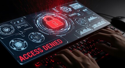 Obraz premium Cybersecurity concept, hands on keyboard, red glowing holographic warning signs