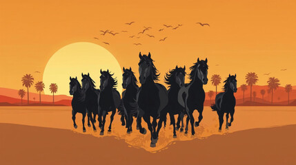 A majestic herd of black horses galloping across a golden desert at sunset vector illustration background © Pemuda