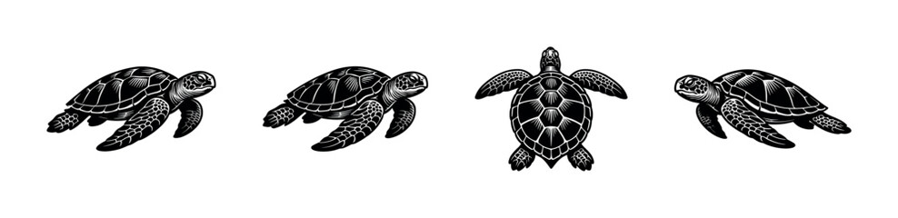 Black and white sea turtle vector illustrations set in silhouette style