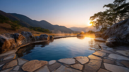 A serene outdoor hot spring pool surrounded by stones at sunrise, with a backdrop of rolling hills and a clear sky