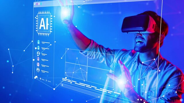 A young man engages with a virtual reality interface, showcasing his excitement and immersion in technology, guided by digital elements and neon colors. Raster