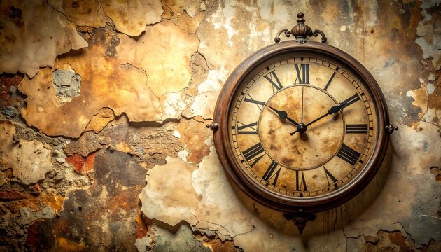 Vintage Wall Clock with Roman Numerals on a Textured, Weathered Wall