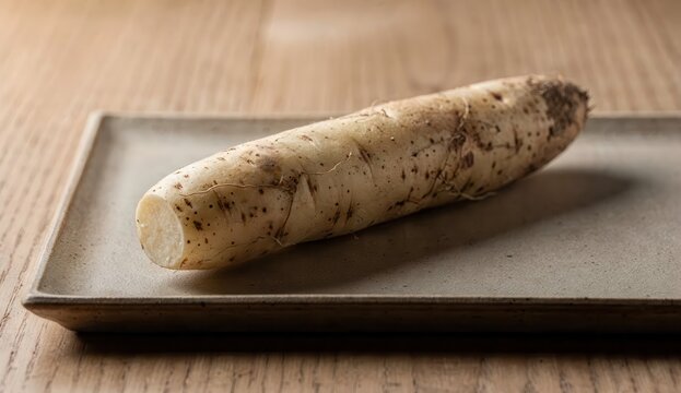 Fresh Japanese yam (nagaimo) placed on ceramic plate with natural wooden background, traditional Japanese root vegetable ingredient used in noodles, soups and grated dishes