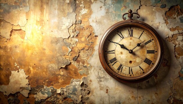 Vintage clock face with Roman numerals on a distressed, textured wall, evoking a sense of time passing and history