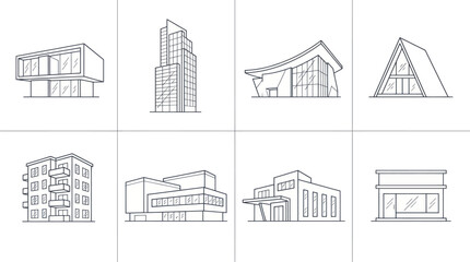 Fototapeta premium Collection of diverse architectural building sketches in line art style.