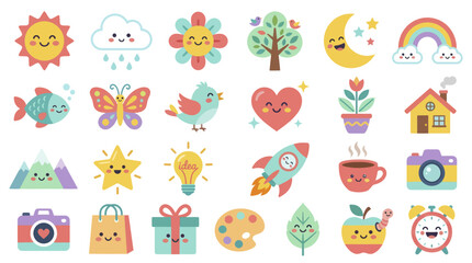 Collection of Cute Kawaii Style Cartoon Icons and Illustrations.
