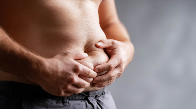Man holding abdominal belly fat linked to cortisol and stress