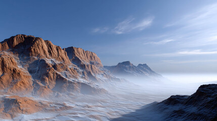 Majestic mountains rising above a sea of clouds, under a clear blue sky