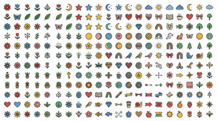 Collection of Diverse Icons and Symbols for Various Themes. © Dika