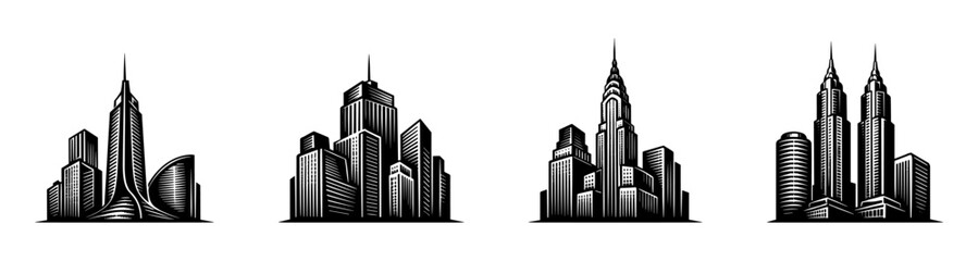 Fototapeta premium Modern city skyline illustrations, black and white vector buildings, architectural silhouettes set