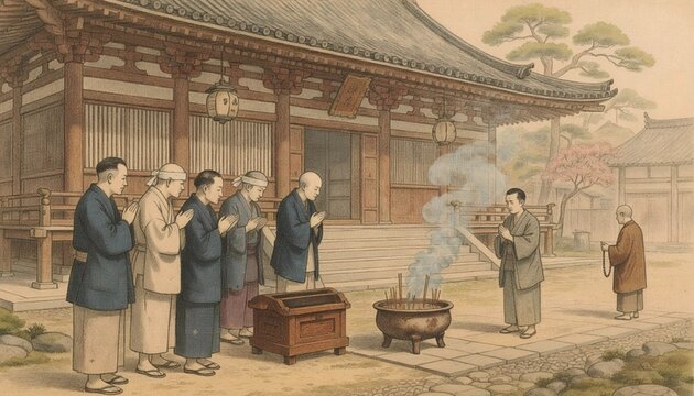 日本の伝統的な寺院と合掌する参拝客のイラスト