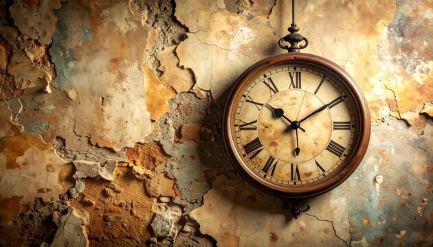An antique pocket watch hanging on a weathered, textured wall, suggesting the passage of time and history