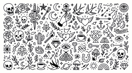 Collection of Hand Drawn Tattoo Style Icons and Symbols. © Dika