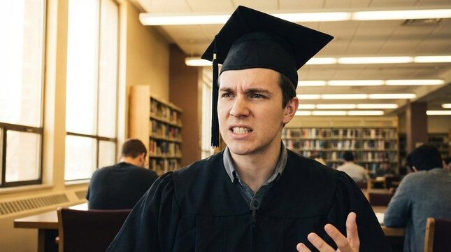 Young man in graduation cap and gown in a library, expressive face and raised hand suggest frustration or confusion, academic setting with students studying