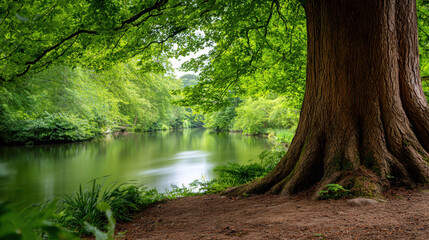 Obraz premium A tranquil scene of a large tree overlooking a calm lake, with lush greenery surrounding the area