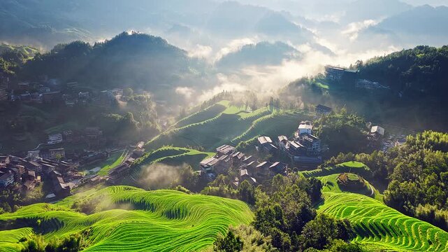 Spectacular sunrise over Longji rice terraces and traditional village in Guilin, China with golden light rays and morning mist covering green hills.