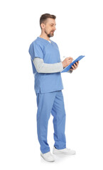 Medical worker in blue uniform with clipboard on white background