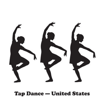 Tap dance silhouettes set with United States typography on white background
