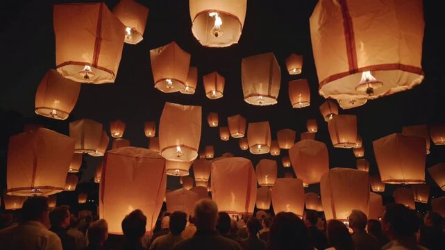 Many paper sky lanterns glowing orange and white ascend into the dark night sky lantern festival