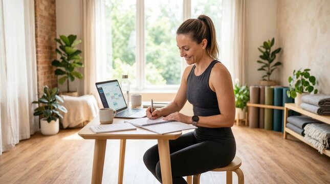 Woman writing in notebook beside laptop at small table in home studio