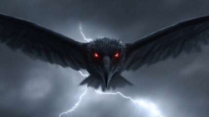 Obraz premium A dark raven soaring with red eyes and a thunderstorm background 