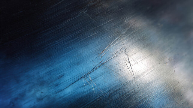 An abstract macro shot of scratched metal with gradients of blue and black, creating an industrial, modern aesthetic
