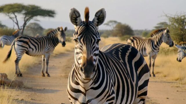Close-up of a zebra's face with other zebras in the background on a dirt road Keywords: zebra