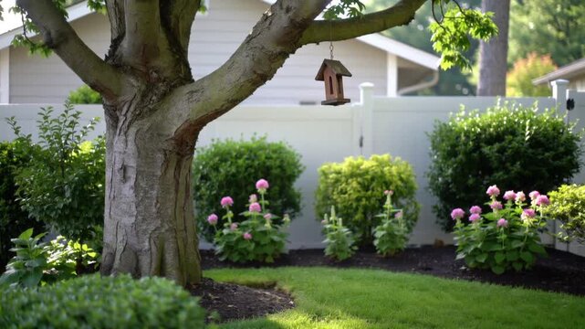 A charming birdhouse hangs from a tree branch in a lush green backyard garden Keywords: birdhouse