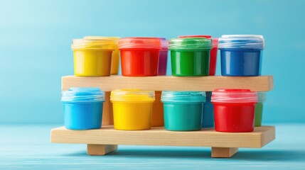 Assortment of Colorful Paint Pots on a Wooden Shelf