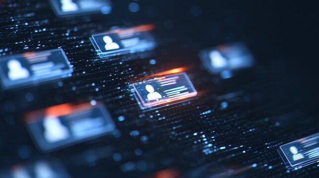 multiple digital accounts floating in hologram interface, password management concept, organized security dashboard