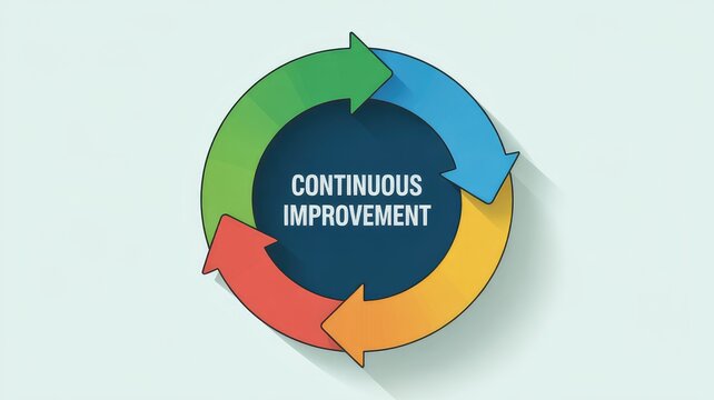 A modern flat design graphic illustrating a continuous improvement cycle with colorful arr