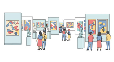 Obraz premium People viewing artwork in a modern art gallery with abstract paintings and sculptures