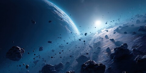Fototapeta premium an asteroid belt in space, a planet in the background, blue light, space art, a space landscape, planet earth, planet jupiter, a moon surface, space debris, an asteroid field Generative AI