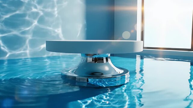Automated Robotic Pool Cleaner Navigating a Sunlit Indoor Swimming Pool Scene