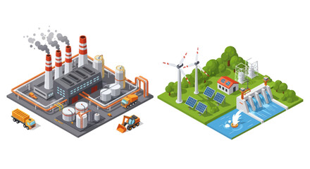 Isometric illustration of a polluting factory and a clean energy power plant.