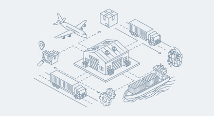 Naklejka premium Isometric Logistics and Supply Chain Network Illustration.