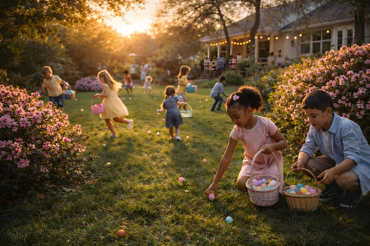 Children hunting for Easter eggs in a sun-drenched backyard