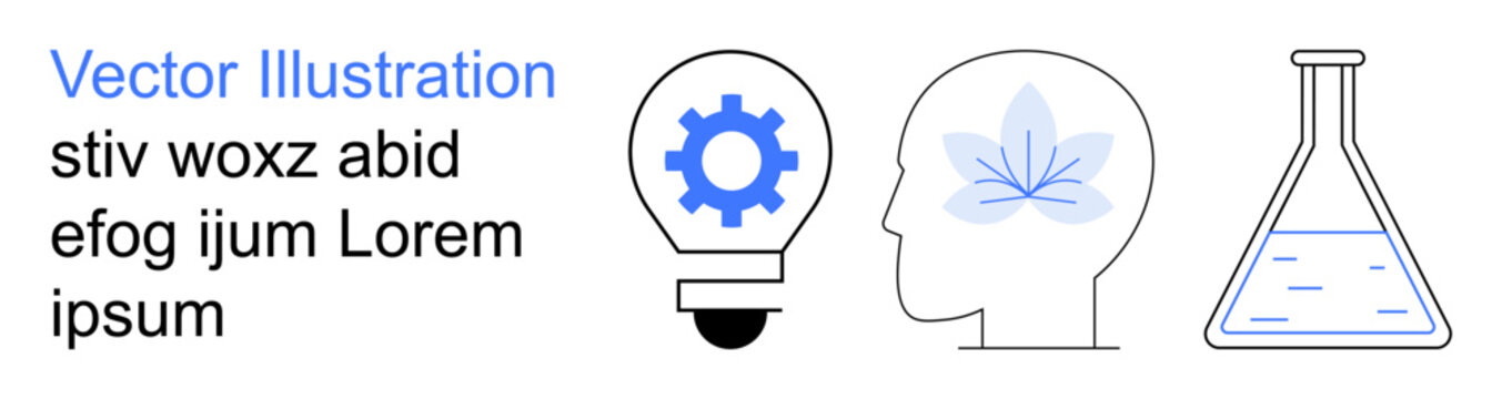 Science, innovation, mental health, eco-friendly ideas, research, experiments. Gear lightbulb, head with a leaf and a lab flask. Innovation and science concepts illustrated with clear symbols