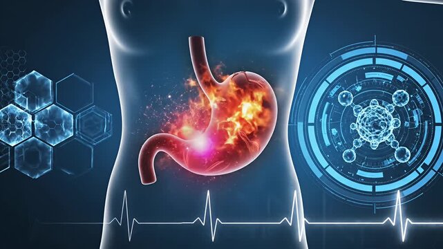 Conceptual illustration of burning stomach with medical data background