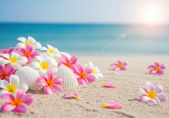Fototapeta premium Pink and white plumeria flowers with seashells on a sandy beach with ocean and sunny background