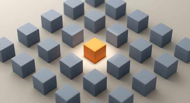 one glowing orange cube standing out from a group of identical grey cubes on a neutral background representing leadership uniqueness individuality and business innovation concept