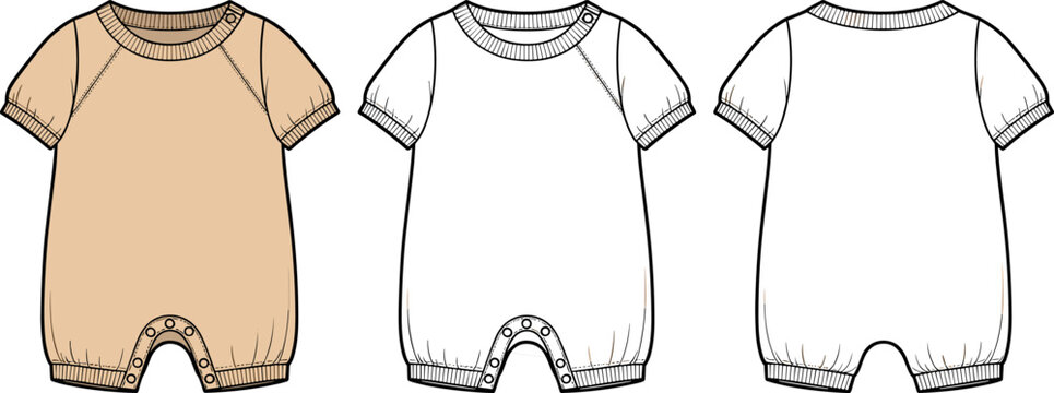 Baby Raglan Romper Flat Fashion Sketch, Infant Bodysuit Technical Illustration Template