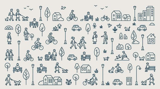 Collection of Line Art Icons Depicting Urban City Life and Activities.