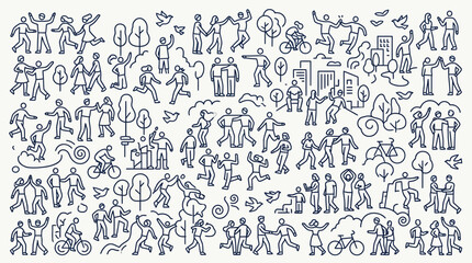 Diverse group of people engaging in various activities in a doodle style illustration. © xigma